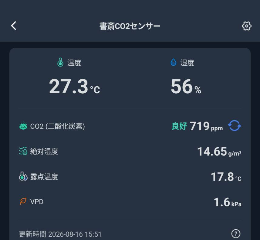 SwitchBot app showing the study's CO2 meter at 719 ppm, 27.3 degrees and 56 percent humidity